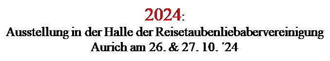 Textfeld: 2024:
Ausstellung in der Halle der Reisetaubenliebabervereinigung Aurich am 26. & 27. 10. 24
